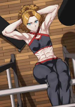 1girl abs armpits arms_behind_head blue_eyes crop_top exercising highres looking_at_viewer looking_up midriff muscular muscular_female orange_hair original punching_bag rggr solo struggling sweat tank_top toned wooden_floor