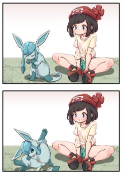 2girls anus autocunnilingus black_hair blue_eyes blush closed_eyes cunnilingus gen_4_pokemon glaceon highres lemon_snail licking masturbation medium_hair multiple_girls nintendo oral pokemon pokemon_(creature) pokemon_sm pussy selene_(pokemon) shorts sitting spread_legs uncensored