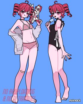 2girls :q absurdres ahoge alternate_costume arm_tattoo ass bandaid bandaid_on_knee bandaid_on_leg bare_arms bare_legs barefoot bikini black_choker black_one-piece_swimsuit blue_background bow breasts choker cleavage commentary drill_hair dual_persona fingernails food full_body grey_jacket hair_between_eyes hair_bow highres holding holding_food holding_popsicle holding_water_gun jacket kasane_teto kasane_teto_(sv) kasane_teto_(utau) licking_lips medium_breasts multiple_girls myknock nail_polish navel number_tattoo one-piece_swimsuit open_mouth popsicle red_eyes red_hair red_nails shoulder_tattoo small_breasts standing stomach striped_bikini striped_clothes swimsuit symbol-only_commentary synthesizer_v tattoo toenail_polish toenails toes tongue tongue_out twin_drills utau water_gun white_bow