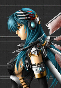 1girl armlet armor artificial_wings bad_id bad_pixiv_id blue_hair breasts explosive female_focus from_side graphite_(medium) grenade hairband headgear highres i-la jewelry lace lace-trimmed_shirt lace-trimmed_sleeves lace_trim lips long_hair looking_ahead mechanical_wings missile mixed_media original red_hair science_fiction shirt shoulder_cannon sideboob solo static traditional_media wings