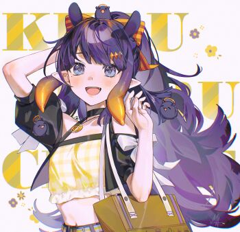 1girl :d absurdres alternate_costume alternate_hairstyle ani_019 bag belt black_choker blue_eyes blunt_bangs bow choker commentary crop_top english_commentary gradient_hair hair_bow hair_ornament hand_up handbag highres hololive hololive_english jewelry long_hair multicolored_hair navel_peek necklace ninomae_ina&#039;nis open_mouth orange_bow plaid_clothes plaid_shirt pointy_ears ponytail purple_hair shirt smile solo takodachi_(ninomae_ina&#039;nis) teeth tentacle_hair text_background upper_body upper_teeth_only virtual_youtuber white_background yellow_shirt