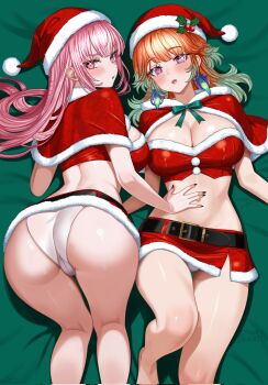 2girls ass bandeau bed_sheet blunt_bangs breasts capelet cleavage colored_inner_hair commentary corrupted_twitter_file feathers fur-trimmed_bandeau fur-trimmed_capelet fur-trimmed_headwear fur-trimmed_skirt fur_trim gradient_hair green_feathers green_hair hat highres hololive hololive_english large_breasts long_hair looking_at_viewer lying mafukkoin median_furrow miniskirt mori_calliope multicolored_hair multiple_girls on_back open_mouth orange_hair panties pink_eyes pink_hair pom_pom_(clothes) purple_eyes red_bandeau red_capelet red_hat red_skirt santa_costume santa_hat sidelocks skirt symbol-only_commentary takanashi_kiara top-down_bottom-up underwear virtual_youtuber white_panties