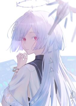 1girl colored_eyelashes commentary_request grey_hair hair_ornament halo hand_up highres holographic_interface long_hair looking_at_viewer mornye_(wuthering_waves) oiro_ik parted_lips red_eyes solo upper_body wuthering_waves