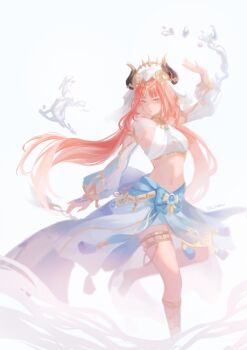 1girl absurdres aqua_eyes bracer breasts circlet crop_top dancer detached_sleeves fake_horns genshin_impact gladiator_sandals harem_outfit highres horns jewelry long_hair long_sleeves looking_at_viewer navel neck_ring nilou_(genshin_impact) puffy_long_sleeves puffy_sleeves red_hair sandals shi_(shi_zumii) small_breasts smile thighlet twintails veil very_long_hair water_drop white_background white_veil