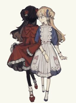 2girls apron black_skin blonde_hair blue_bow blue_dress blue_eyes boots bow colored_skin commentary commentary_request dress emilico_(shadows_house) flower full_body hair_bow hair_flower hair_ornament highres kate_(shadows_house) living_doll_uniform locked_arms long_hair long_sleeves looking_at_another mary_janes multiple_girls open_mouth red_dress red_flower red_rose red_shoes rose shadow_(shadows_house) shadows_house shoes simple_background skirt_hold smile socks standing takenaka_(takenaka1111) two_side_up white_apron white_background white_boots white_socks white_wrist_cuffs wrist_cuffs