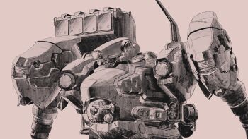 621_(armored_core_vi) absurdres armored_core armored_core_vi:_fires_of_rubicon brown_background brown_theme commentary english_commentary highres loader_4 mecha mecha_focus missile_pod monochrome no_humans nsclark98 one-eyed robot science_fiction simple_background
