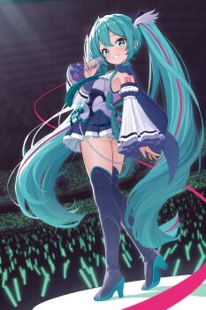 1girl absurdres aqua_eyes aqua_hair aqua_nails aqua_necktie aqua_trim arm_tattoo black_skirt boots detached_sleeves grey_shirt hair_between_eyes hair_ornament hatsune_miku hatsune_miku_expo highres holding holding_microphone long_hair long_sleeves looking_at_viewer looking_back microphone mikoo_o39 miniskirt necktie number_tattoo pleated_skirt shirt skirt sleeveless sleeveless_shirt solo tattoo thigh_boots twintails very_long_hair vocaloid wide_sleeves