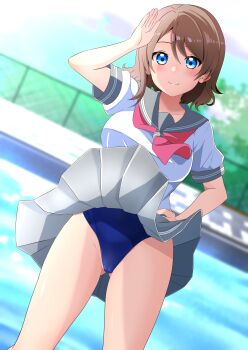 Rule 34 | 1girl, absurdres, blue eyes, blue one-piece swimsuit, blush, breasts, brown hair, cameltoe, commentary request, commission, grey sailor collar, grey skirt, hand on own hip, highleg, highleg one-piece swimsuit, highres, kisaragi setsu (mssk8485), light blush, looking at viewer, love live!, love live! sunshine!!, medium breasts, necktie, one-piece swimsuit, pixiv commission, pleated skirt, pool, red necktie, sailor collar, salute, school uniform, serafuku, shirt, short hair, short sleeves, skirt, smile, solo, swimsuit, swimsuit under clothes, uranohoshi school uniform, watanabe you, white shirt, wind, wind lift