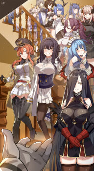 1boy 6+girls aiguillette animal_ears azuma_(azur_lane) azur_lane bad_id bad_pixiv_id bare_shoulders black_gloves black_hair black_jacket black_legwear black_skirt blonde_hair blue_eyes blue_hair blush braid breasts brown_eyes cape choker cleavage closed_mouth club3 collarbone commander_(azur_lane) corset cross detached_sleeves dress earrings epaulettes fingerless_gloves floating_hair floating_headgear friedrich_der_grosse_(azur_lane) gascogne_(azur_lane) gauntlets georgia_(azur_lane) gloves green_eyes grey_hair hair_between_eyes hair_ornament hair_over_one_eye hair_ribbon hat headgear heterochromia high_heels highres horns ibuki_(azur_lane) iron_cross izumo_(azur_lane) jacket jewelry kitakaze_(azur_lane) large_breasts long_hair long_sleeves looking_at_viewer maid_headdress miniskirt monarch_(azur_lane) multicolored_hair multiple_girls neptune_(azur_lane) oni_horns panties panties_under_pantyhose pantyhose pantyshot parted_lips peaked_cap pleated_skirt pointy_ears ponytail pov pov_hands purple_hair red_eyes red_gloves red_hair red_horns red_ribbon ribbon roon_(azur_lane) saint-louis_(azur_lane) seattle_(azur_lane) short_hair sidelocks signature skirt smile stairs star_(symbol) star_earrings strapless strapless_dress streaked_hair thighhighs two_side_up underwear very_long_hair white_dress white_panties white_ribbon white_skirt wide_sleeves yellow_eyes