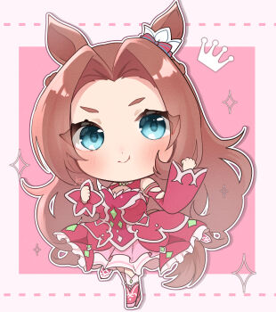 1girl absurdres animal_ears bare_shoulders blue_eyes blush bow breasts brown_hair chibi chibi_only closed_mouth crown detached_sleeves diamond_(shape) dress ear_bow ear_ornament highres horse_ears horse_girl horse_tail kawakami_princess_(princess_of_pink)_(umamusume) kawakami_princess_(umamusume) kurumiya_(krmy_p) long_hair looking_at_viewer pink_dress sleeveless sleeveless_dress smile solo tail umamusume