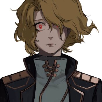 1girl aiguillette black_coat blonde_hair coat commentary constricted_pupils don_quixote_(project_moon) dress english_commentary glowing glowing_eyes gold_trim hair_over_one_eye highres hvcassini98 limbus_company looking_at_viewer medium_hair official_alternate_costume portrait project_moon red_eyes sancho_(project_moon) shoulder_pads solo white_background white_dress