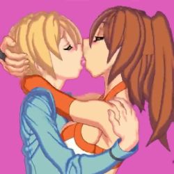 1boy 1girl animated bare_shoulders bingo_tarte blonde_hair breast_press breasts brown_hair cleavage closed_eyes french_kiss hetero hug kiss large_breasts long_hair otameshidouga_pretty_pridot_dounyuhen pink_background pridot shota twintails video