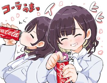 1girl blush can closed_eyes closed_mouth coca-cola commentary_request drink_can drinking highres holding holding_can hololive izuki_michiru jacket kono_(konomi9a) medium_hair purple_hair shirt smile soda_can solo virtual_youtuber white_jacket white_shirt