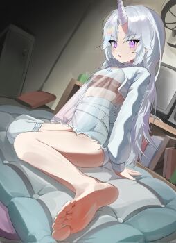 1girl ayatsuno_yuni breasts commentary cross-shaped_pupils feet foot_focus glaring highres horns long_hair long_sleeves looking_at_viewer masiiiiiiro puffy_sleeves purple_eyes see-through_clothes shirt single_thighhigh skirt solo stellive symbol-shaped_pupils thighhighs unicorn_horn virtual_youtuber white_hair white_shirt white_skirt white_thighhighs