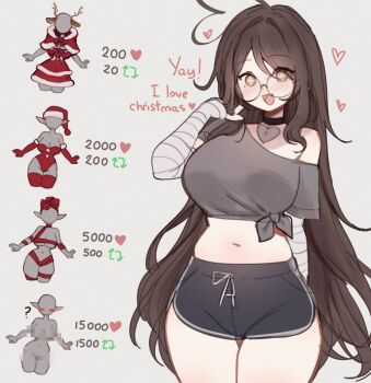 ahoge animal_ears antlers bandaged_arm bandages black_shorts blush breasts brown_eyes brown_hair choker commentary deer_ears english_commentary gloves grey_shirt hat heart heart-shaped_lock heart_ahoge heart_choker highres horns huge_ahoge indie_virtual_youtuber large_breasts like_and_retweet long_hair midriff navel open_mouth red_gloves red_thighhighs reindeer_antlers revealing_clothes round_eyewear santa_hat shirt shorts sky_above_me sky_above_me_(vtuber) thighhighs thighs tied_shirt virtual_youtuber