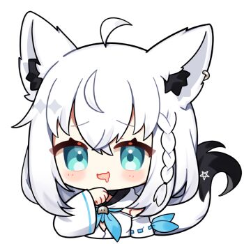 1girl :3 :d ahoge animal_ear_fluff animal_ear_piercing animal_ears blue_eyes blue_neckerchief blush braid chibi chibi_only commentary_request cropped_torso drooling fox_ears fox_girl fox_tail hand_up hololive kashiwase_karune long_sleeves mouth_drool neckerchief open_mouth ribbon-trimmed_sleeves ribbon_trim shirakami_fubuki shirt short_hair simple_background single_braid smile solo tail transparent_background virtual_youtuber white_hair white_shirt
