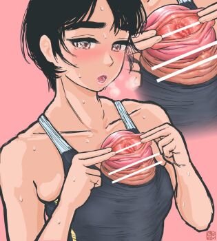 1futa autopaizuri bar_censor bare_shoulders black_eyes black_hair blush breasts censored close-up erection flat_chest foreskin futanari futanari_masturbation gaping_urethra heart heart-shaped_pupils huge_penis looking_at_viewer masturbation merotoron one-piece_swimsuit open_mouth original paizuri penis penis_out pink_background pointless_censoring short_hair solo spread_urethra sweat swimsuit symbol-shaped_pupils urethra