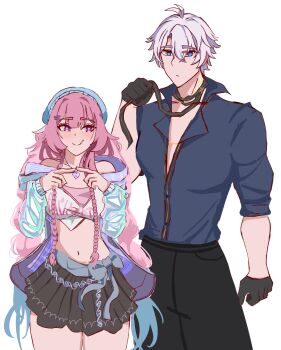 1boy 1girl black_gloves black_pants black_skirt blue_eyes blue_hat blue_jacket blue_shirt blush breasts clothes_writing commentary crop_top cyrene_(demiurge)_(honkai:_star_rail) cyrene_(honkai:_star_rail) cyrene_(nylon_japan)_(honkai:_star_rail) diamond-shaped_pupils diamond_(shape) english_commentary gloves hat heart heart_necklace highres honkai:_star_rail honkai_(series) jacket jewelry kaedeyanami licking_lips long_hair medium_breasts midriff miniskirt navel necklace pants phainon_(honkai:_star_rail) pink_hair purple_eyes shirt short_hair simple_background skirt smile symbol-shaped_pupils thighs tongue tongue_out very_long_hair white_background white_hair