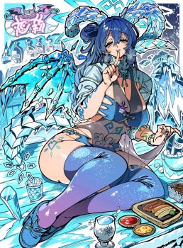 1girl arm_tattoo bikini bikini_under_clothes block_heels blue_bikini blue_eyes blue_footwear blue_hair blue_horns blue_nails blue_thighhighs blush bottle bracelet breasts champagne_bottle cleavage covered_navel crystal_horns cup curled_horns dragon_girl dragon_horns dragon_tail dragon_wings drinking_glass earrings finger_to_mouth food full_body glass gradient_hair gradient_thighhighs hair_between_eyes hair_bun half-closed_eyes heart heart_o-ring high_heels horns ice ice_bucket ice_cube index_finger_raised jewelry kafun large_breasts leg_tattoo leotard long_hair looking_at_viewer multicolored_hair nail_polish name_tag o-ring original parted_lips pearl_bracelet plate purple_thighhighs seductive_smile see-through_clothes see-through_leotard shrug_(clothing) shushing single_hair_bun sitting smile snow snowflake_earrings solo stomach_tattoo swimsuit tail tattoo thighhighs thighs tray wings