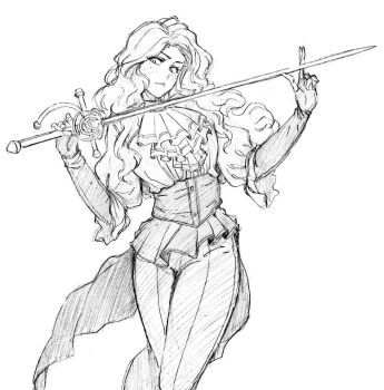 1girl clair_obscur:_expedition_33 closed_mouth fingerless_gloves freckles gloves holding holding_sword holding_weapon kubo_tite_(style) long_hair looking_at_viewer maelle_(clair_obscur:_expedition_33) monochrome rakusakugk rapier shirt solo sword weapon