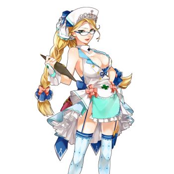 Rule 34 | 1girl, argyle clothes, argyle thighhighs, armpits, bare shoulders, blonde hair, blue garter straps, braid, breasts, cleavage, clipboard, glasses, green eyes, green skirt, hand on own hip, hat, holding, holding clipboard, large breasts, long hair, masyu yuyu, nurse, nurse cap, shirt, sideboob, silver tiara, single braid, skirt, torte zief, uchi no hime-sama ga ichiban kawaii, white hat, white shirt
