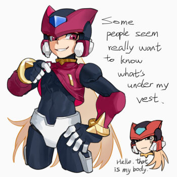2boys armor bi_51334 black_bodysuit black_eyes blonde_hair bodysuit commentary english_commentary english_text forehead_jewel helmet highres long_hair male_focus mega_man_(series) mega_man_zero_(series) mega_man_zero_3 multiple_boys omega_(mega_man) red_armor red_eyes red_helmet red_vest simple_background vest white_background zero(z)_(mega_man) zero_(mega_man)
