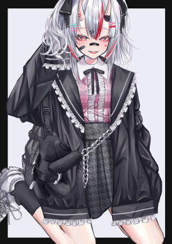 1girl absurdres alternate_costume backpack bag bandage_on_cheek bandage_on_face bandages black_jacket black_ribbon black_skirt black_socks bow chain checkered_clothes checkered_shirt collar facial_mark fluffy_hair grey_hair grin hair_between_eyes hair_between_horns hair_bow hair_ornament hairclip handbag heart heart_facial_mark heart_on_cheek highres hololive horn_ornament horn_ribbon horns jacket kneeling laces long_hair long_sleeves magire_(mqgire) makeup messy_hair multicolored_hair nakiri_ayame oni outside_border pink_shirt puffy_long_sleeves puffy_sleeves red_eyes red_hair ribbon shirt shoes short_eyebrows simple_background sitting skin-covered_horns skirt sleeves_past_wrists smile sneakers socks solo streaked_hair stuffed_animal stuffed_toy teddy_bear two-tone_background virtual_youtuber wariza white_collar white_hair