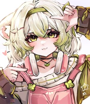 1girl absurdres ahoge animal_ears artist_name bare_shoulders bob_cut bra_strap fang ferret ferret_ears ferret_girl finger_frame gradient_hair green_eyes green_hair green_sweater hairband headphones headphones_around_neck heart highres indie_virtual_youtuber laimu_(vtuber) laimu_(cozy)_(vtuber) leaf looking_at_viewer mokiemokki multicolored_hair overalls pink_overalls ribbon short_hair signature skin_fang sleeves_past_wrists star_(symbol) strap_slip sweater two-tone_hair virtual_youtuber white_hair white_sweater