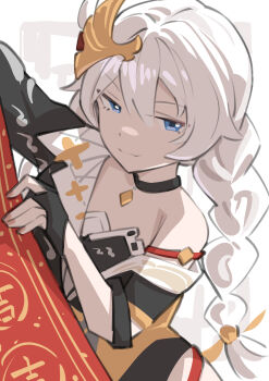 1girl absurdres black_choker black_dress blue_eyes braid chinese_commentary choker commentary_request cosplay dress fingerless_gloves gloves hair_ornament herrscher_of_sentience herrscher_of_sentience_(cosplay) highres holding honkai_(series) honkai_impact_3rd kiana_kaslana long_hair looking_at_viewer partial_commentary single_bare_shoulder smile solo twin_braids very_long_hair white_hair zp_(276878679)