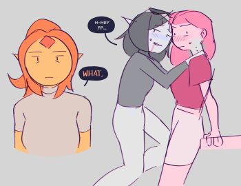 2girls adventure_time bite_mark bite_mark_on_neck biting black_hair black_shirt blush brown_shirt cleavage_cutout clothing_cutout colored_skin english_text eyewear_on_head flame_princess grey_shirt grey_skin highres long_hair marceline_abadeer multiple_girls neck_biting nervous_sweating orange_skin pants pink_hair pink_shirt pink_shorts pointy_ears princess_bonnibel_bubblegum shirt shorts steemyart sunglasses sweat turtleneck unworn_eyewear white_pants yuri