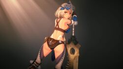 1girl 3d 60+fps animated anna_anon armor ass ass_shake back bare_shoulders belt_pouch bikini_armor black_background black_panties bodypaint bone_sword bone_weapon bouncing_ass bracer brown_eyes chaps facepaint feet_out_of_frame female_focus fingerless_gloves from_behind bad_tag gloves gluteal_fold grey_hair highres hunter_(anna_anon) leather_armor looking_at_viewer looking_back looping_animation monster_hunter_(series) monster_hunter_stories_2 original panties pouch short_hair smile solo standing sword teeth thighs underwear video visor_(armor) weapon