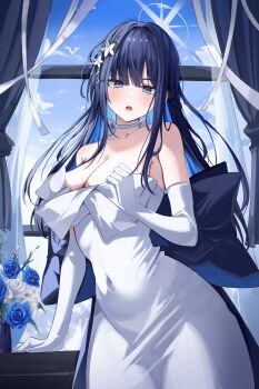 1girl absurdres bare_shoulders black_hair blue_archive blue_flower blue_hair blue_rose breasts cleavage cloud collarbone colored_inner_hair commentary covered_navel curtains day dress elbow_gloves flower gloves hair_flower hair_ornament halo highres indoors kkubuk92 large_breasts long_dress multicolored_hair official_alternate_costume open_mouth rose saori_(blue_archive) saori_(dress)_(blue_archive) sidelocks sky solo standing two-tone_hair white_dress white_gloves window