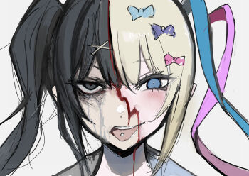 Rule 34 | 1girl, absurdres, ame-chan (needy girl overdose), bags under eyes, black hair, blonde hair, blood, blood on face, blue eyes, bow, chouzetsusaikawa tenshi-chan, chuhaibane, dual persona, grey eyes, hair bow, hair ornament, highres, looking at viewer, multicolored hair, multiple hair bows, needy girl overdose, pill on tongue, simple background, sketch, solo, split theme, streaked hair, twintails, white background, x hair ornament