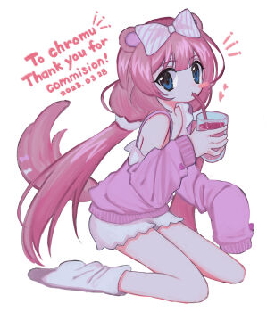 1girl absurdres blue_eyes bow chromu commission cup drinking english_text full_body hair_bow heart highres holding holding_cup indie_virtual_youtuber long_hair looking_at_viewer pink_hair simple_background sleeves_past_fingers sleeves_past_wrists socks solo twintails virtual_youtuber white_background