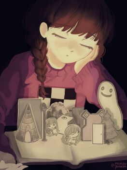Rule 34 | 1girl, absurdres, artist name, black background, book, braid, brown hair, chibi, closed eyes, closed mouth, dot mouth, hand on own cheek, hand on own face, hashtag-only commentary, head rest, highres, kyukkyu-kun, long hair, madotsuki, minpupunkun, monoe, open book, pink sweater, pop-up book, solo, sweater, twin braids, upper body, yume nikki