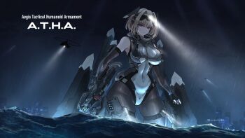 Rule 34 | 1girl, absurdres, aircraft, bare shoulders, black gloves, bodysuit, breasts, building, chinese commentary, cityscape, commentary request, covered navel, english text, fingerless gloves, giant, giantess, gloves, grey eyes, gun, helicopter, highres, holding, holding gun, holding weapon, impossible bodysuit, impossible clothes, large breasts, large variant set, looking at viewer, mecha musume, medium hair, night, original, rain, red pupils, searchlight, sherman (egnk2525), skin tight, skyscraper, thigh strap, variant set, wading, water, weapon