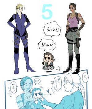 Rule 34 | 1boy, 2girls, black hair, blonde hair, bodysuit, chibi, chris redfield, commentary request, hands on own hips, highres, jill valentine, long hair, multiple girls, open mouth, pants, ponytail, purple bodysuit, resident evil, resident evil 5, sheva alomar, simple background, smile, speech bubble, t (t345678912), white background