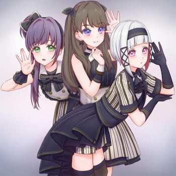 3girls \||/ absurdres ascot black_ascot black_bow black_bowtie black_gloves black_hairband black_headband black_thighhighs blush bob_cut bow bowtie brown_hair closed_mouth colored_inner_hair commentary cowboy_shot diagonal_bangs elbow_gloves fujishima_megumi gloves gradient_background green_eyes grey_background hair_bow hair_bun hairband hand_on_own_elbow hasu_no_daisankaku headband highres inverted_bob kannogi leaning_forward link!_like!_love_live! long_hair love_live! miniskirt multicolored_hair multiple_girls official_alternate_costume open_hand open_mouth otomune_kozue pink_eyes pinstripe_ascot pinstripe_bowtie pinstripe_pattern pinstripe_shirt pinstripe_shorts pinstripe_skirt purple_eyes purple_hair red_hair revision shirt short_hair short_shorts shorts side_ponytail sidelocks simple_background single_side_bun skirt smile standing streaked_hair thighhighs two_side_up virtual_youtuber white_hair white_wrist_cuffs wrist_cuffs yugiri_tsuzuri yunokuni_girls!_(love_live!)