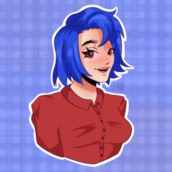 1girl blue_background blue_hair blush breasts brown_eyes emily_(stardew_valley) eyelashes highres looking_at_viewer medium_hair open_mouth red_shirt shirt simple_background siropeart small_breasts solo stardew_valley upper_body