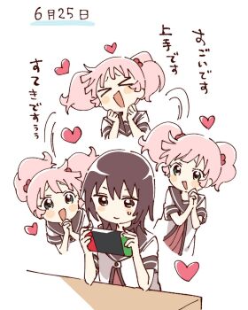 &gt;_&lt; 2girls :d blush_stickers brown_eyes brown_hair brown_sailor_collar closed_eyes closed_mouth dress funami_yui green_eyes hair_bobbles hair_ornament handheld_game_console hashtag-only_commentary heart highres holding holding_handheld_game_console multiple_girls namori nanamori_school_uniform nintendo_switch open_mouth own_hands_clasped own_hands_together pink_hair pleated_dress red_dress sailor_collar school_uniform shirt short_hair short_sleeves short_twintails simple_background smile summer_uniform translation_request twintails upper_body white_background white_shirt xd yoshikawa_chinatsu yuruyuri