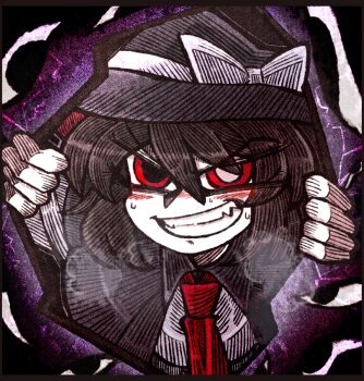 1girl black_capelet black_hat blush blush_stickers bow brown_hair capelet clenched_teeth disembodied_eye gap_(touhou) grin hair_between_eyes hat hat_bow heavy_breathing long_sleeves necktie red_eyes shirt smile solo suenari_(peace) sweat teeth touhou usami_renko white_bow white_shirt