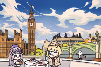 1other 3girls analog_clock bing_huyue bird black_thighhighs blonde_hair blush_stickers bridge building cake chest_jewel chibi clock clock_tower cloud cloudy_sky commentary detective elizabeth_rose_bloodflame elizabeth_tower english_commentary food gem gem_hair_ornament hair_flaps hat highres holding holding_magnifying_glass hololive hololive_english koseki_bijou london long_hair magnifying_glass multiple_girls necktie pebble_(koseki_bijou) purple_eyes purple_gem purple_hair real_world_location seagull short_hair simple_bird skirt sky table tablecloth thighhighs tower united_kingdom virtual_youtuber watson_amelia