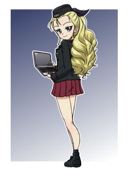 Rule 34 | 1girl, assam (girls und panzer), blonde hair, blue eyes, blush, breasts, closed mouth, computer, full body, girls und panzer, holding, holding laptop, kuromorimine military uniform, laptop, long hair, looking at viewer, looking back, military uniform, miniskirt, red skirt, simple background, skirt, small breasts, smile, solo, takahashi kurage