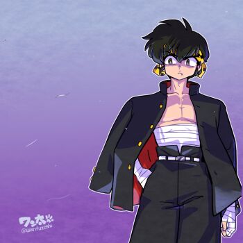 1boy alternate_costume bandaged_hand bandaged_stomach bandages bandana black_hair breasts brown_eyes cleavage cowboy_shot delinquent fang frown gradient_background hand_in_pocket hibiki_ryouga male_focus ranma_1/2 shaded_face short_hair solo v-shaped_eyebrows wanta_(futoshi) yellow_bandana