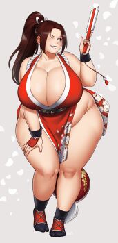 1girl absurdres better-with-salt breasts brown_eyes brown_hair cleavage commentary curvy english_commentary fat fatal_fury folded_fan folding_fan full_body grey_background grin hand_fan high_ponytail highres holding holding_fan huge_breasts looking_to_the_side motoyui obese one_eye_closed pelvic_curtain ponytail revealing_clothes rope shiranui_mai simple_background smile solo the_king_of_fighters thick_thighs thighs weight_gain wrist_guards