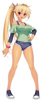Rule 34 | 1girl, bare shoulders, blonde hair, blush, bracelet, breasts, casual, cutoffs, dark-skinned female, dark skin, denim, denim shorts, fang, full body, game cg, green shirt, hair ribbon, hand on own hip, jewelry, kamitsurugi ouka, kouyoku senki exs-tia concert, large variant set, long hair, long sleeves, looking at viewer, medium breasts, non-web source, off-shoulder shirt, off shoulder, official art, oosumi kanon, open mouth, pigeon-toed, pink eyes, red eyes, ribbon, shirt, shoes, short shorts, shorts, side ponytail, smile, solo, standing, tan, transparent background, variant set, very long hair