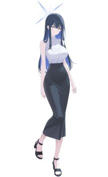 1girl absurdres alternate_costume blue_archive blue_hair blue_halo blue_nns09 colored_inner_hair commentary_request full_body halo highres long_hair long_skirt multicolored_hair saori_(blue_archive) shirt simple_background skirt sleeveless sleeveless_shirt solo white_background