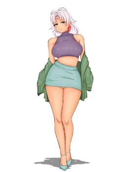 Rule 34 | 1girl, absurdres, bare shoulders, breasts, closed mouth, commentary, curtained hair, dark-skinned female, dark skin, earrings, eiyuu densetsu, english commentary, facial mark, forehead mark, full body, green eyes, high heels, highres, hoop earrings, jewelry, large breasts, looking at viewer, parted bangs, pencil skirt, r thors, scherazard harvey, short hair, simple background, skirt, sleeveless, smile, solo, sora no kiseki, tachi-e, white background, white hair