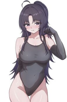 Rule 34 | 1girl, ahoge, awa subaru, black gloves, black hair, black one-piece swimsuit, breasts, cleavage, covered erect nipples, elbow gloves, girls band cry, gloves, hanekuri (nnainain), highres, large breasts, long hair, one-piece swimsuit, one side up, open mouth, parted bangs, purple eyes, simple background, skindentation, solo, swimsuit, white background