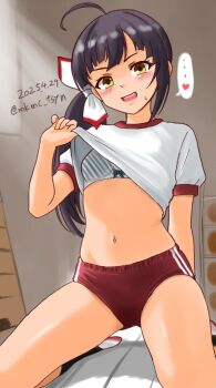 1girl ahoge alternate_costume black_hair bra buruma clothes_lift commentary_request cut_bangs dated fujinami_(kancolle) gym_shirt gym_uniform highres kantai_collection kneeling red_buruma shirt shirt_lift side_ponytail sitting solo striped_bra striped_clothes t-shirt tasogare_yanio twitter_username underwear vaulting_horse white_shirt yellow_eyes